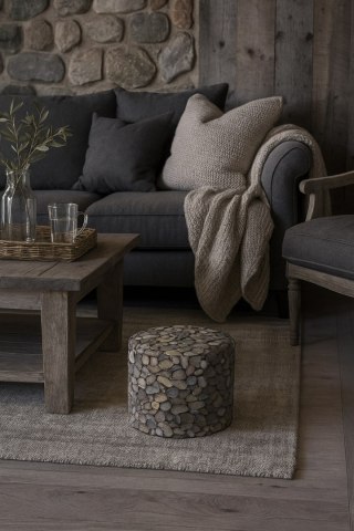 Okrągła pufa dekoracyjna, Bertoni, nadruk Kamyki - do salonu, do pokoju dziecka, walec 40cm, elegancka, zamek błyskawiczny, zde