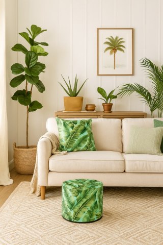 Okrągła pufa dekoracyjna, Bertoni, nadruk Ibiza Day - do salonu, do pokoju dziecka, walec 40cm, elegancka, zamek błyskawiczny, z