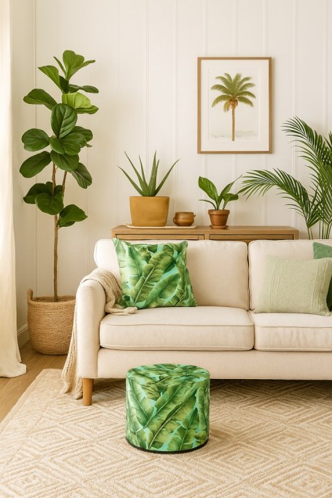 Okrągła pufa dekoracyjna, Bertoni, nadruk Ibiza Day - do salonu, do pokoju dziecka, walec 40cm, elegancka, zamek błyskawiczny, z