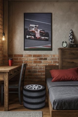 Okrągła pufa dekoracyjna, Bertoni, nadruk Tyres - do salonu, do pokoju dziecka, walec 40cm, elegancka, zamek błyskawiczny, zdejm