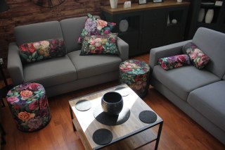 Okrągła pufa dekoracyjna, Bertoni, nadruk Bukiet - do salonu, do pokoju dziecka, walec 40cm, elegancka, zamek błyskawiczny, zdej