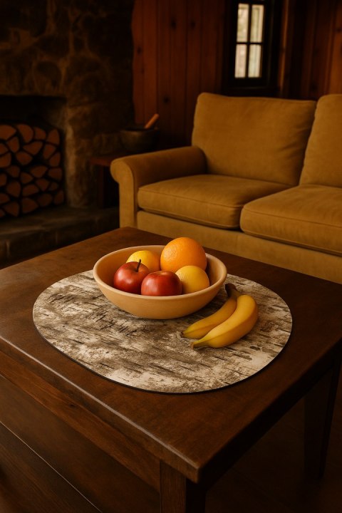 Podkładka owalna na stół, wzór Brzoza 36×32 cm - gruby filc 4 mm, full-color, odporna na temperaturę 120 °C, do kuchni lub komod