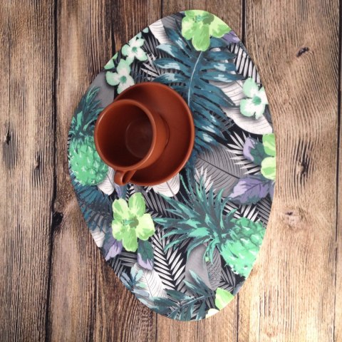 Podkładka owalna na stół, wzór Lambada Green 36×32 cm - gruby filc 4 mm, full-color, odporna na temperaturę do 120 °C, do kuchni