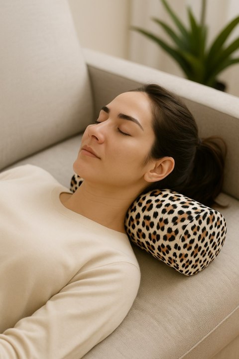 Poduszka rehabilitacyjna wałek Panterka Jasna Ø15x40 cm - welur, pianka memory foam, do podparcia karku i pleców, Bertoni