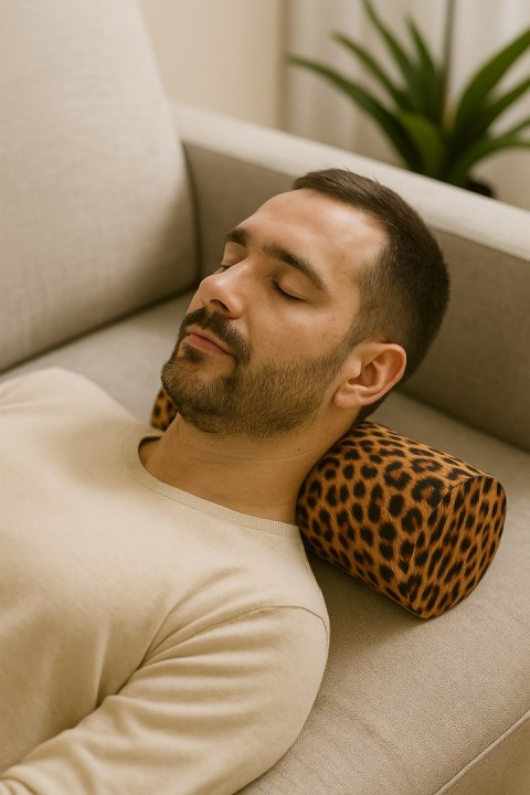 Poduszka rehabilitacyjna wałek, wzór Panterka Lamparcia Ø15x40 cm - welur, pianka memory foam, do podparcia karku i pleców, Bert