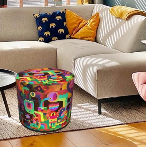 Pufa dekoracyjna, Bertoni, nadruk Game - okrągła pufa do salonu, przedpokoju, walec 40cm, elegancka, zamek błyskawiczny, możliwo