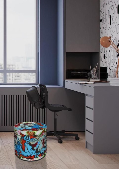 Pufa dekoracyjna, Bertoni, nadruk Grafitti - okrągła pufa do salonu, przedpokoju, walec 40cm, elegancka, zamek błyskawiczny, moż