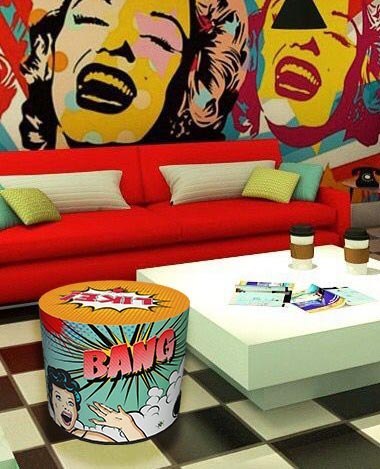 Pufa dekoracyjna, Bertoni, nadruk Komiks - okrągła pufa do salonu, przedpokoju, walec 40cm, elegancka, zamek błyskawiczny, możli