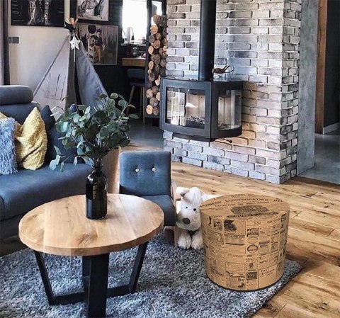 Pufa dekoracyjna, Bertoni, nadruk Newspaper - okrągła pufa do salonu, przedpokoju, walec 40cm, elegancka, zamek błyskawiczny, mo