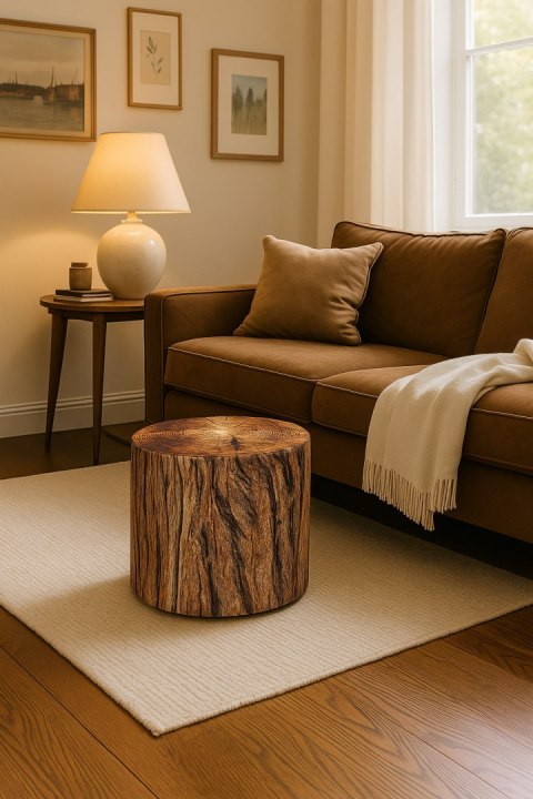 Pufa welurowa, Bertoni, nadruk Akacja - okrągła pufa dekoracyjna, do salonu, walec 40cm, elegancka, zamek błyskawiczny