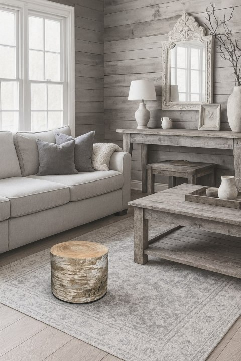 Pufa welurowa, Bertoni, nadruk Brzoza - okrągła pufa dekoracyjna, do salonu, walec 40cm, elegancka, zamek błyskawiczny