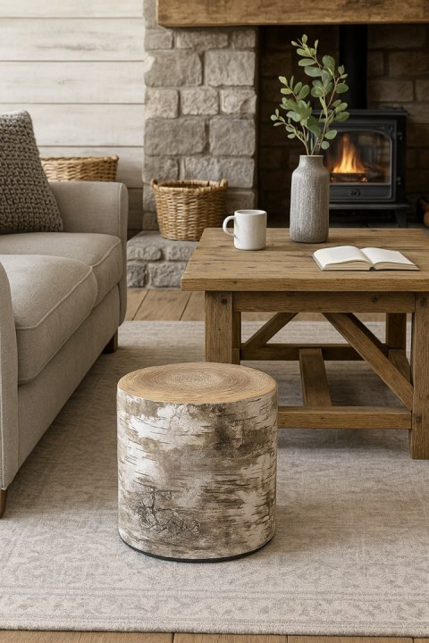 Pufa welurowa, Bertoni, nadruk Brzoza - okrągła pufa dekoracyjna, do salonu, walec 40cm, elegancka, zamek błyskawiczny