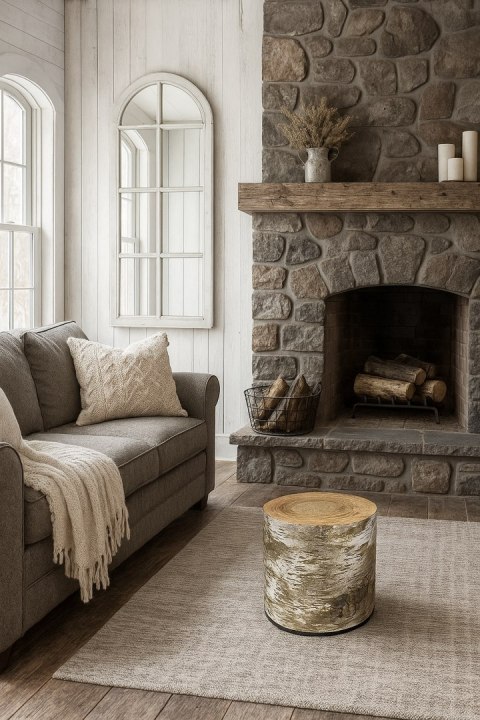 Pufa welurowa, Bertoni, nadruk Brzoza - okrągła pufa dekoracyjna, do salonu, walec 40cm, elegancka, zamek błyskawiczny