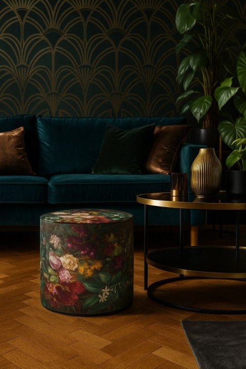 Pufa welurowa, Bertoni, nadruk Bukiet - okrągła pufa dekoracyjna, do salonu, walec 40cm, elegancka, zamek błyskawiczny