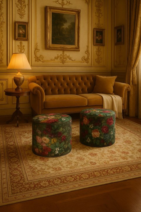 Pufa welurowa, Bertoni, nadruk Bukiet - okrągła pufa dekoracyjna, do salonu, walec 40cm, elegancka, zamek błyskawiczny