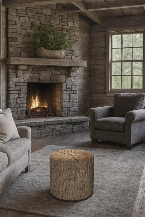 Pufa welurowa, Bertoni, nadruk Dąb - okrągła pufa dekoracyjna, do salonu, walec 40cm, elegancka, zamek błyskawiczny