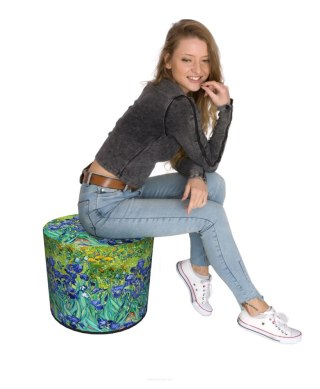 Pufa welurowa, Bertoni, nadruk Irysy - okrągła pufa dekoracyjna, do salonu, walec 40cm, elegancka, zamek błyskawiczny