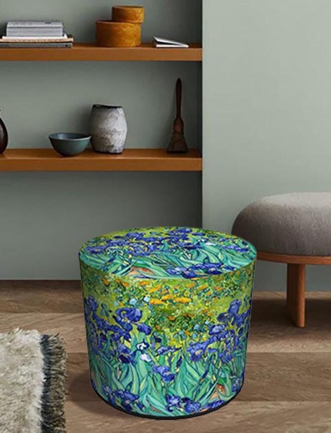 Pufa welurowa, Bertoni, nadruk Irysy - okrągła pufa dekoracyjna, do salonu, walec 40cm, elegancka, zamek błyskawiczny