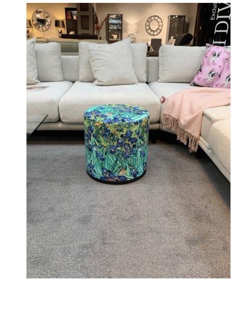 Pufa welurowa, Bertoni, nadruk Irysy - okrągła pufa dekoracyjna, do salonu, walec 40cm, elegancka, zamek błyskawiczny