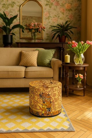 Pufa welurowa, Bertoni, nadruk Klimt Golden Tree - okrągła pufa dekoracyjna, do salonu, walec 40cm, elegancka, zamek błyskawiczn