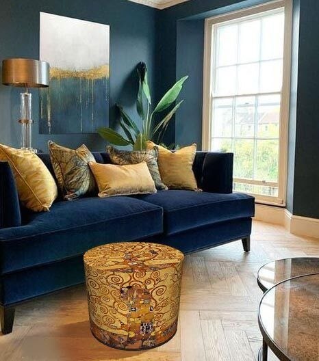 Pufa welurowa, Bertoni, nadruk Klimt Golden Tree - okrągła pufa dekoracyjna, do salonu, walec 40cm, elegancka, zamek błyskawiczn