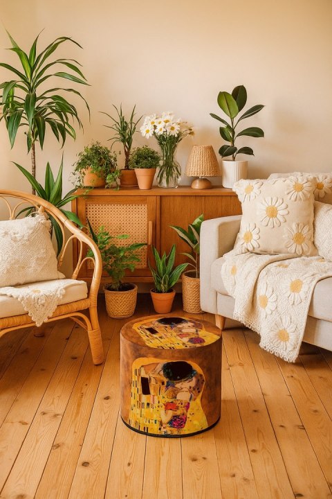 Pufa welurowa, Bertoni, nadruk Klimt Pocałunek - okrągła pufa dekoracyjna, do salonu, walec 40cm, elegancka, zamek błyskawiczny