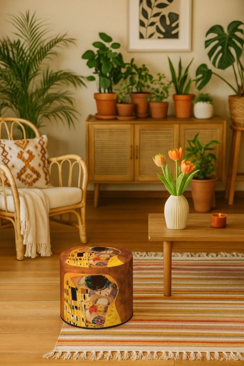 Pufa welurowa, Bertoni, nadruk Klimt Pocałunek - okrągła pufa dekoracyjna, do salonu, walec 40cm, elegancka, zamek błyskawiczny