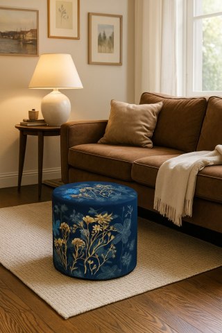 Pufa welurowa, Bertoni, nadruk Midnight - okrągła pufa dekoracyjna, do salonu, walec 40cm, elegancka, zamek błyskawiczny