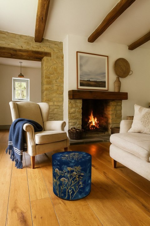 Pufa welurowa, Bertoni, nadruk Midnight - okrągła pufa dekoracyjna, do salonu, walec 40cm, elegancka, zamek błyskawiczny