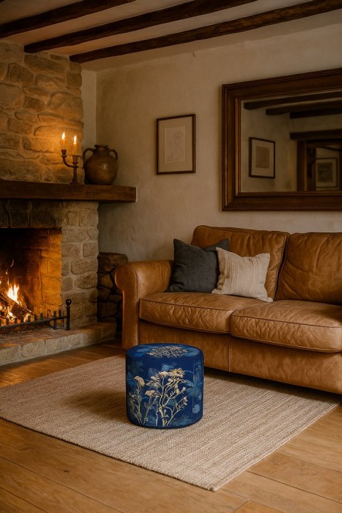 Pufa welurowa, Bertoni, nadruk Midnight - okrągła pufa dekoracyjna, do salonu, walec 40cm, elegancka, zamek błyskawiczny