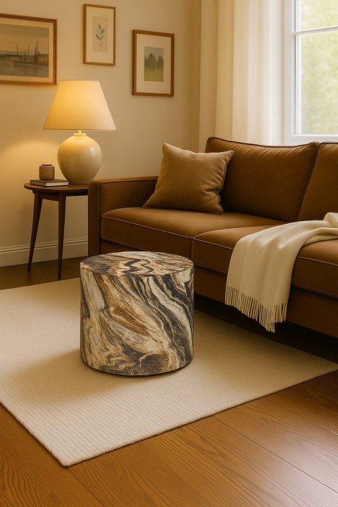 Pufa welurowa, Bertoni, nadruk Montana - okrągła pufa dekoracyjna, do salonu, walec 40cm, elegancka, zamek błyskawiczny