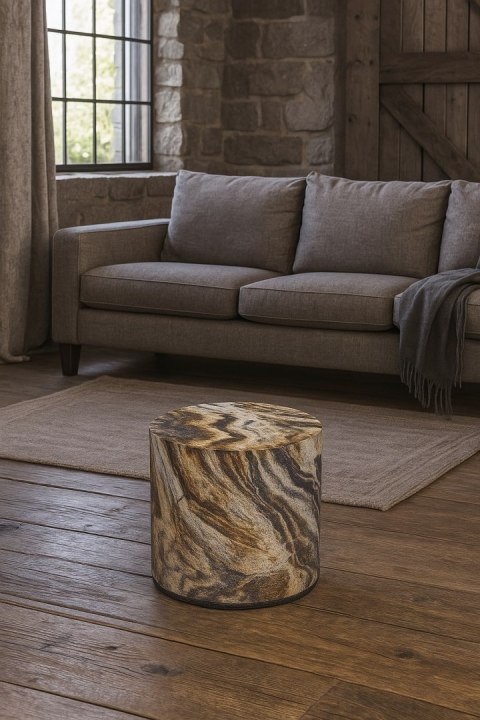 Pufa welurowa, Bertoni, nadruk Montana - okrągła pufa dekoracyjna, do salonu, walec 40cm, elegancka, zamek błyskawiczny