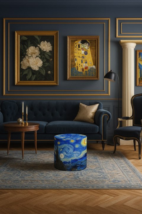 Pufa welurowa, Bertoni, nadruk Van Gogh Gwiaździsta Noc - okrągła pufa dekoracyjna, do salonu, walec 40cm, elegancka, zamek błys