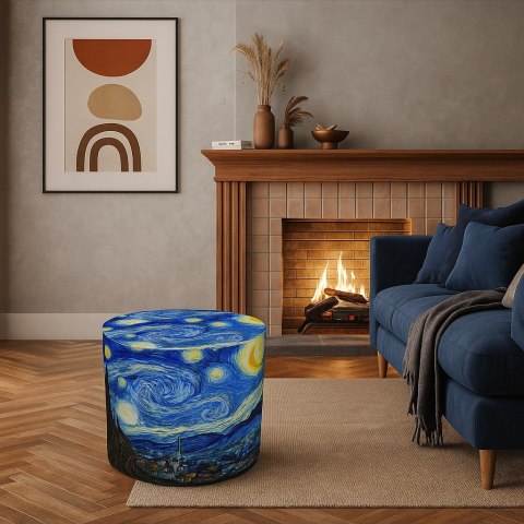 Pufa welurowa, Bertoni, nadruk Van Gogh Gwiaździsta Noc - okrągła pufa dekoracyjna, do salonu, walec 40cm, elegancka, zamek błys