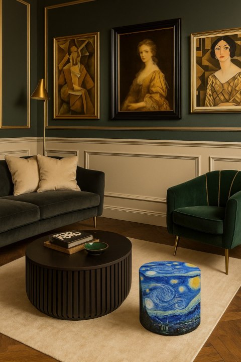 Pufa welurowa, Bertoni, nadruk Van Gogh Gwiaździsta Noc - okrągła pufa dekoracyjna, do salonu, walec 40cm, elegancka, zamek błys