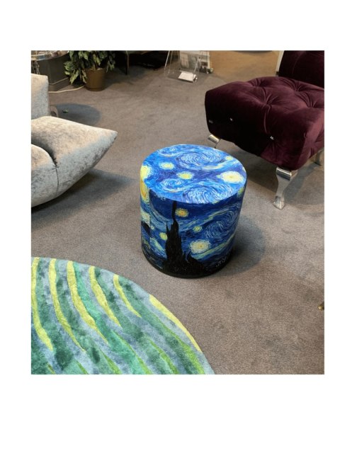 Pufa welurowa, Bertoni, nadruk Van Gogh Gwiaździsta Noc - okrągła pufa dekoracyjna, do salonu, walec 40cm, elegancka, zamek błys