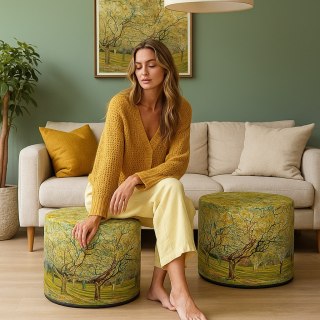 Pufa welurowa, Bertoni, nadruk Van Gogh Sad - okrągła pufa dekoracyjna, do salonu, walec 40cm, elegancka, zamek błyskawiczny