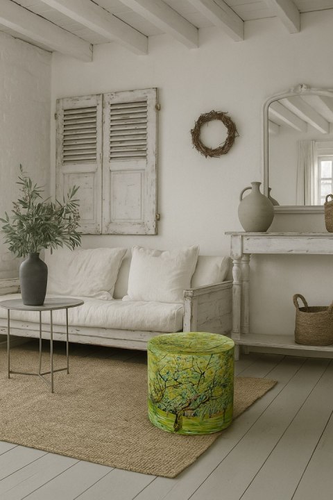 Pufa welurowa, Bertoni, nadruk Van Gogh Sad - okrągła pufa dekoracyjna, do salonu, walec 40cm, elegancka, zamek błyskawiczny