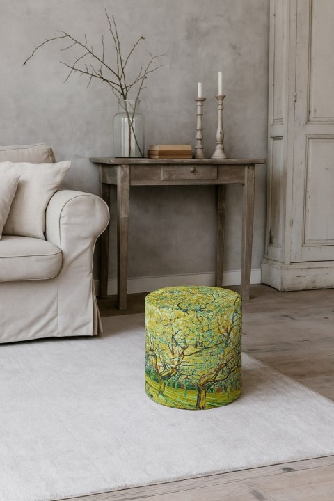 Pufa welurowa, Bertoni, nadruk Van Gogh Sad - okrągła pufa dekoracyjna, do salonu, walec 40cm, elegancka, zamek błyskawiczny